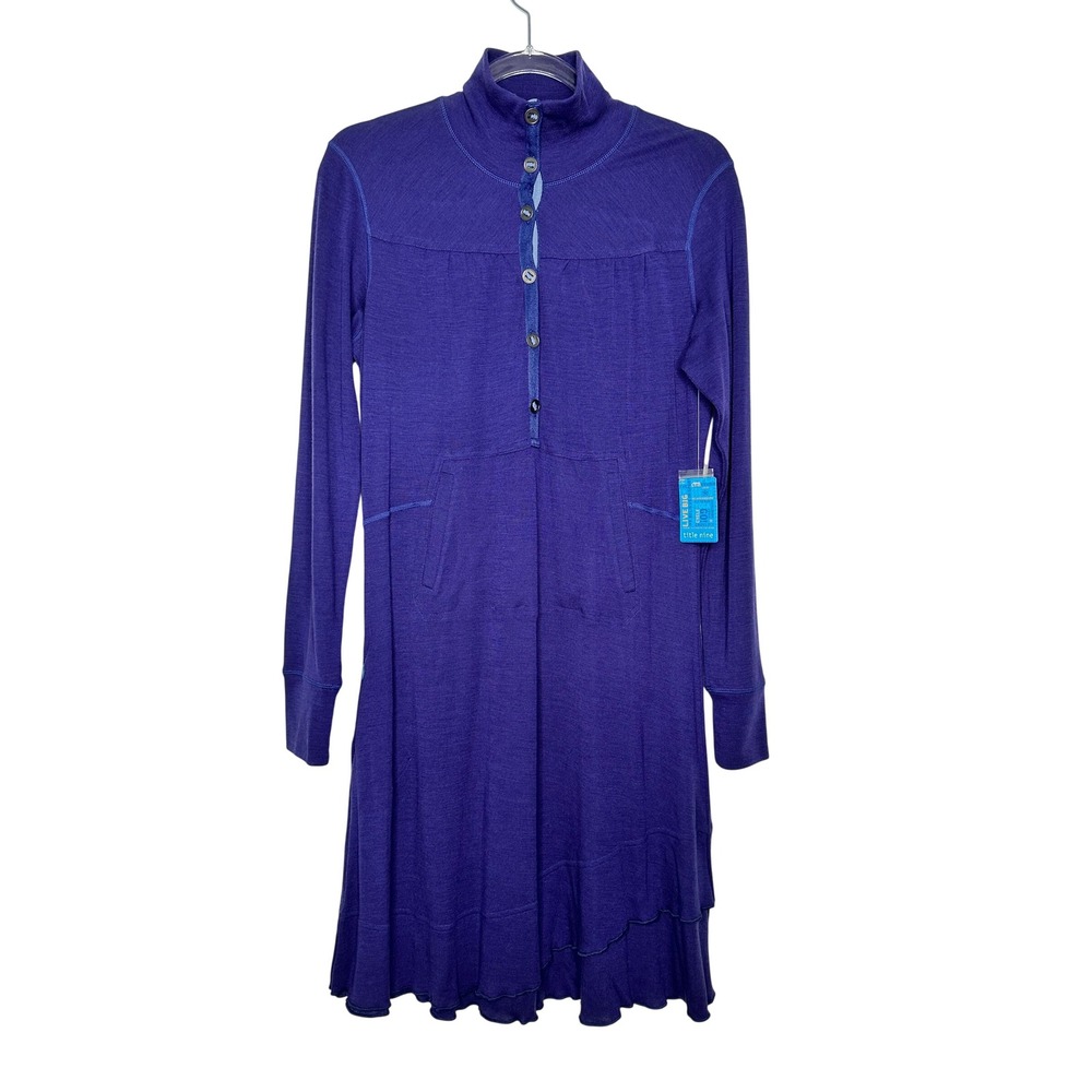 Title Nine Dress Merino Wool Mock Neck Long Sleeve Size L Blue Purple Athleisure
